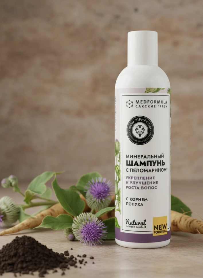 Минеральный шампунь Укрепление и рост с пеломарином и корнем лопуха, 240 мл Минеральный шампунь Укрепление и рост с пеломарином и корнем лопуха, 240 мл