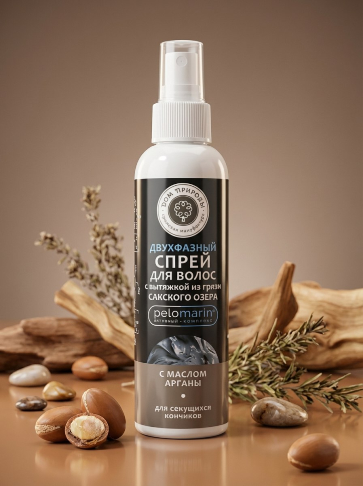 Спрей для волос с маслом арганы для секущихся кончиков двухфазный с вытяжкой из грязи Сакского озера Med Formula, 150 г