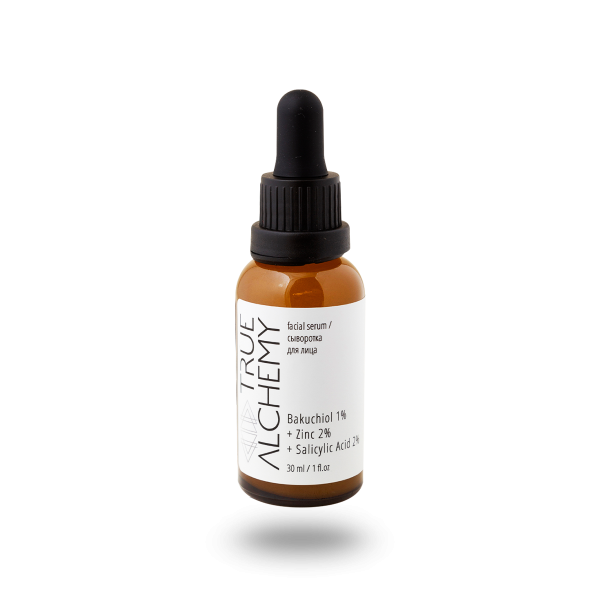 Сыворотка для лица Facial Serum «Bakuchiol 1%+ Zinc 2% + Salicylic Acid 2%», сужает поры, улучшает цвет лица и осветляет следы постакне, 30 мл