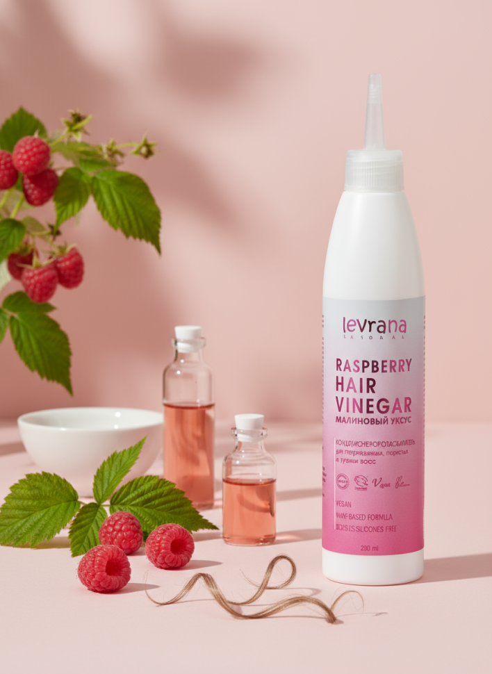 Натуральный кондиционер-ополаскиватель для поврежденных, пористых и тусклых волос с малиновым уксусом, 200 мл