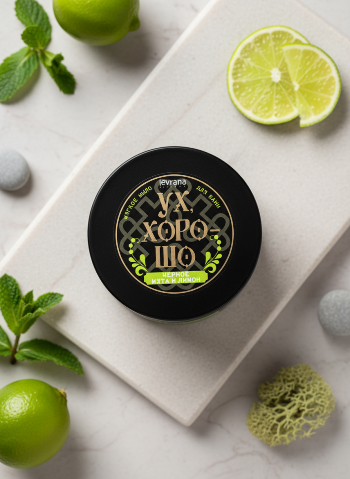 Натуральное Мягкое чёрное мыло для бани Мята и лимон, 500 мл