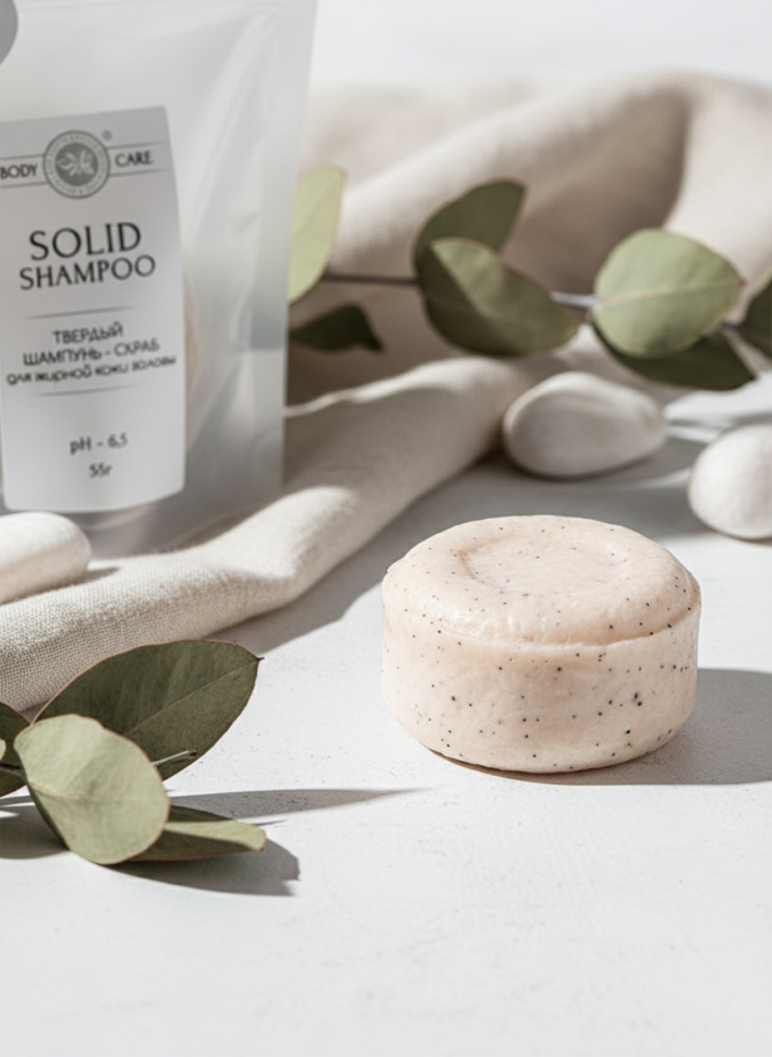 Твердый шампунь-скраб для жирной кожи головы Кокос и Ваниль, 55 г