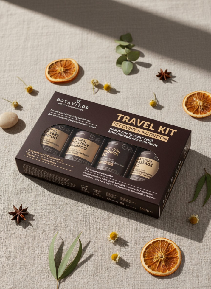 Набор для путешествий Восстановление и питание Travel Kit Aromatherapy Recovery & Nutrion (шампунь, бальзам для волос, гель для душа, масло для тела)