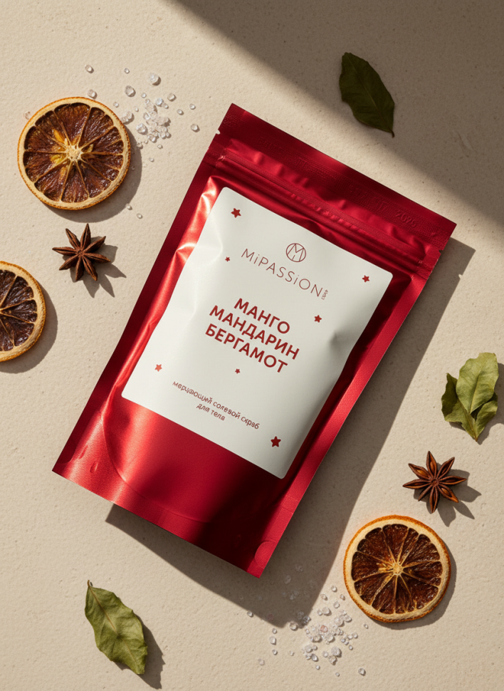 Мерцающий солевой скраб для тела с ароматом манго, мандарин, бергамот, 250 гр