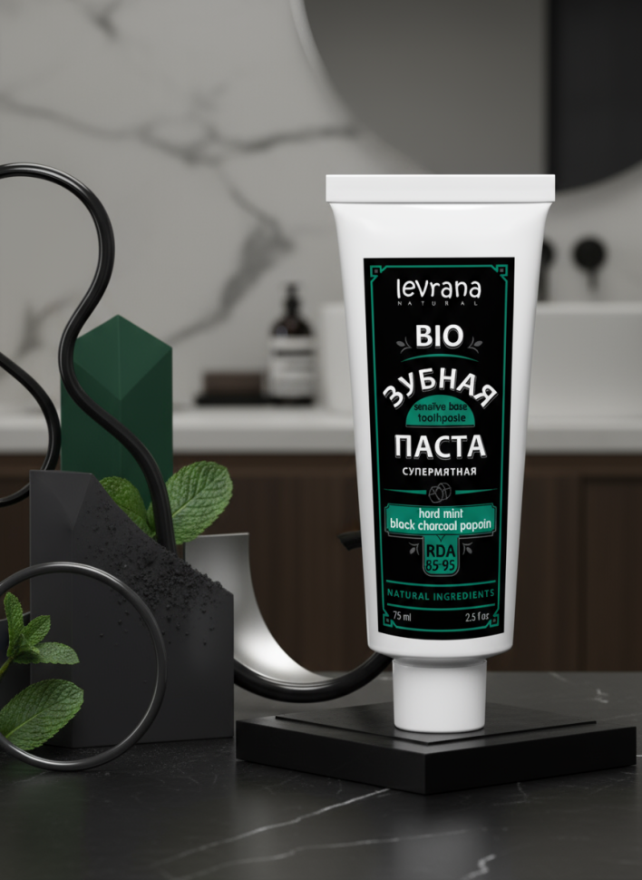 Зубная паста био супермятная «Hard mint & black charcoal & papain» с углем и папаином, 75 мл