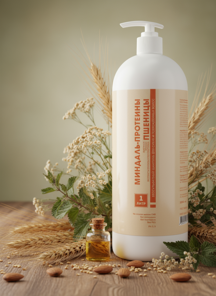 Шампунь Миндаль-Протеины пшеницы бессульфатный для сухих и повреждённых волос, 1 л