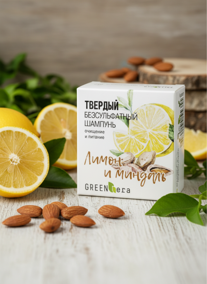 Твердый бессульфатный шампунь для волос Лимон и миндаль, очищение и питание, 55 г