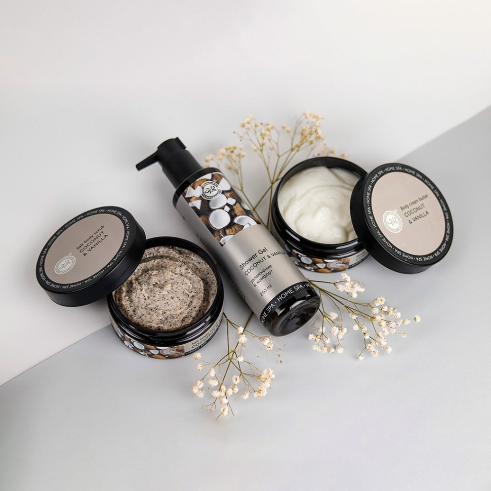 Скраб соляной для тела Кокос и ваниль омолаживают кожу Home SPA, 200 гр