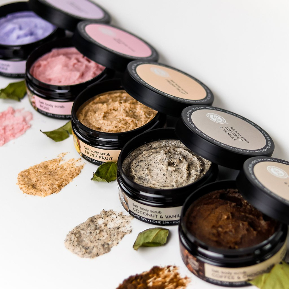 Скраб соляной для тела Кокос и ваниль омолаживают кожу Home SPA, 200 гр