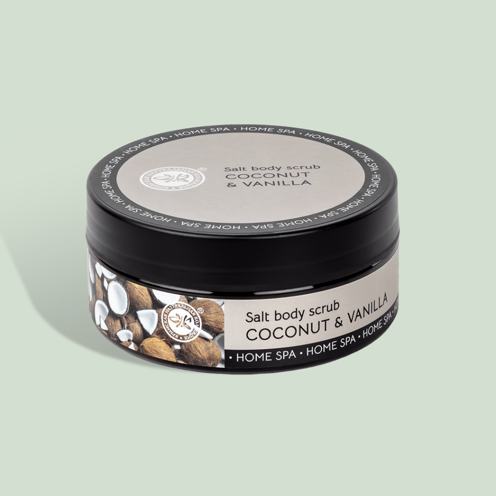 Скраб соляной для тела Кокос и ваниль омолаживают кожу Home SPA, 200 гр