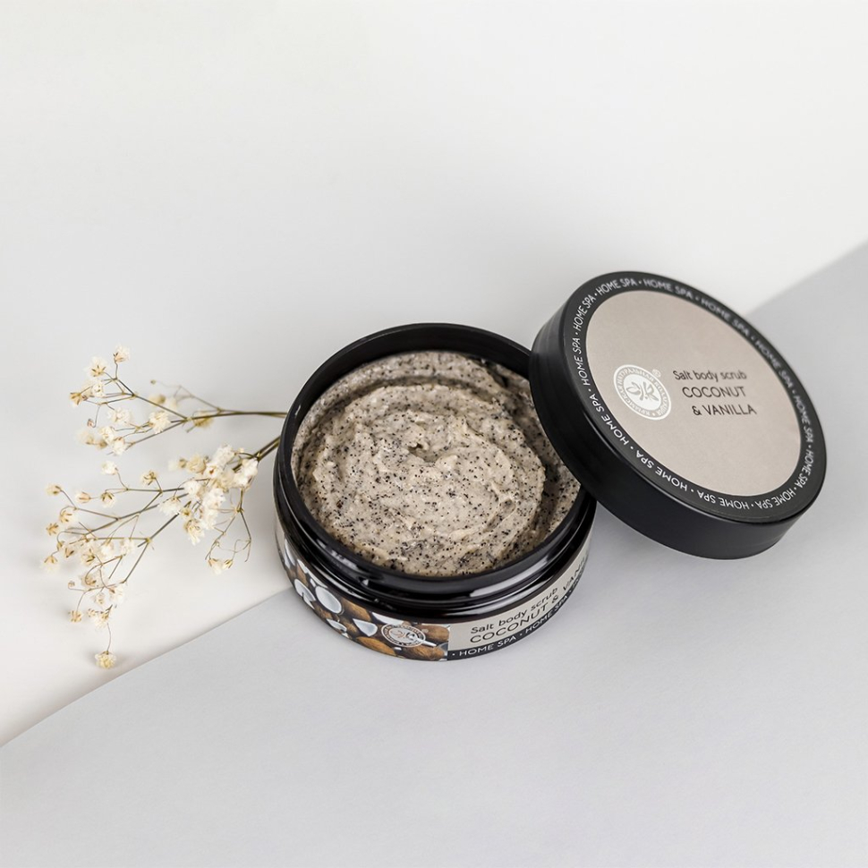 Скраб соляной для тела Кокос и ваниль омолаживают кожу Home SPA, 200 гр