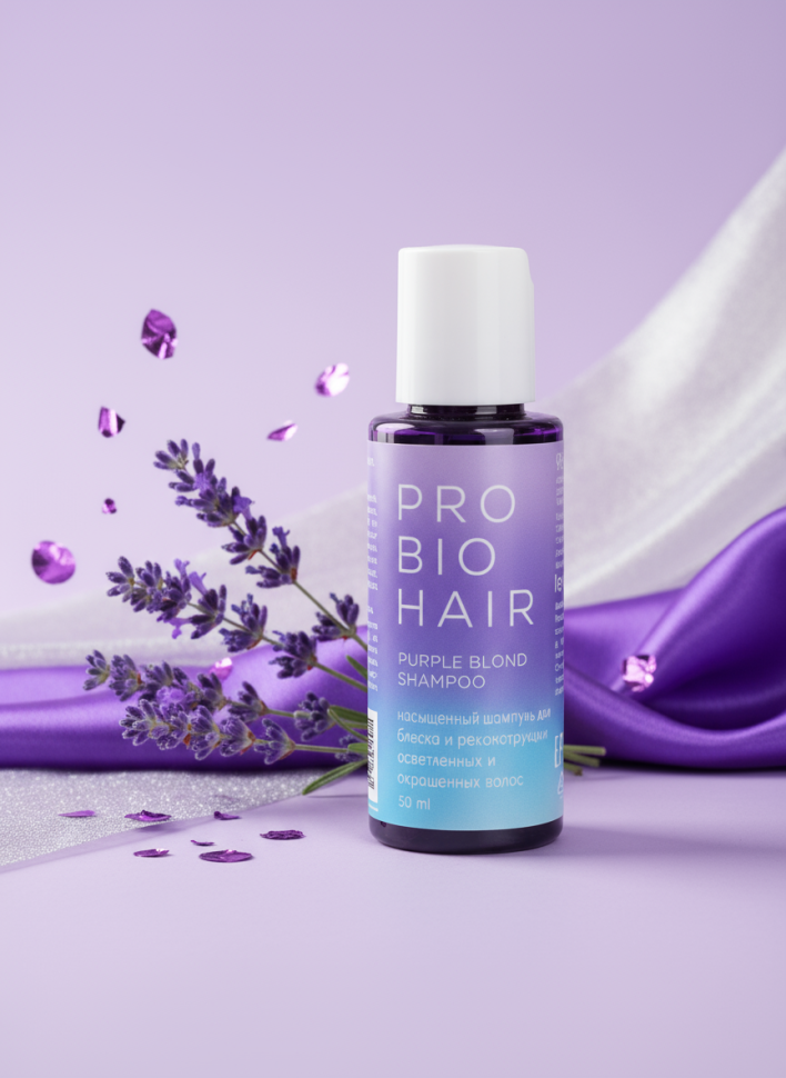 Шампунь для волос PRO BIO HAIR PURPLE BLOND SHAMPOO, оттеночный для осветленных волос с инулином и бетаином, 50 мл